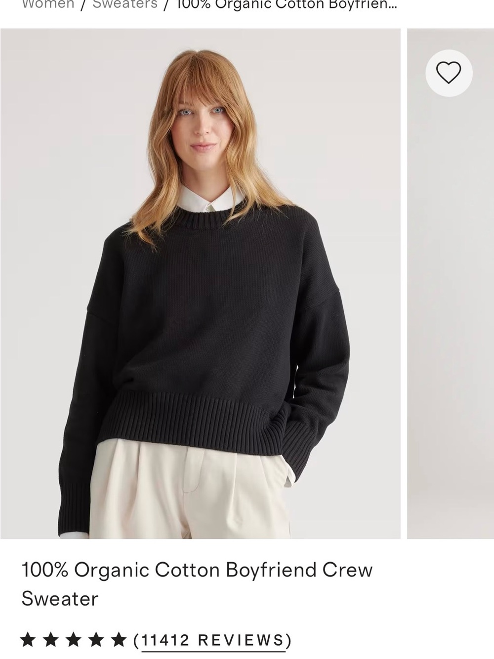 Quince Black Organic Cotton Boyfriend Crew Sweater